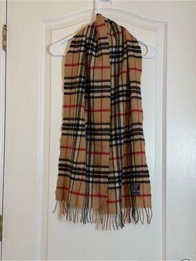 Vintage Lochmere Cashmere Wool Scarf Camel Tan Nova Check Plaid Fringe Unisex